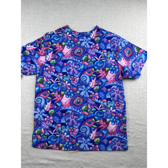 Fundamentally Cotton Women's V Neck Scrub Top Size Small Bright Floral Design - Picture 5 of 7